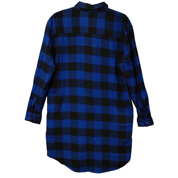 Cheap Monday Flannel Shirt Dress Medium Blue and Black Long Sleeve Button Down - Picture 3 of 11
